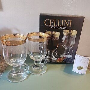Set of 2 Cellini Crystalware  Irish Coffee Mugs 24K Gold Rim Made in Italy Boxed